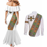 Ethiopia Saba Kemis Couples Matching Mermaid Dress and Long Sleeve Button Shirt Sash Style