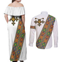 Ethiopia Saba Kemis Couples Matching Off Shoulder Maxi Dress and Long Sleeve Button Shirt Sash Style