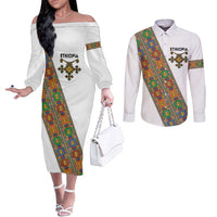 Ethiopia Saba Kemis Couples Matching Off The Shoulder Long Sleeve Dress and Long Sleeve Button Shirt Sash Style
