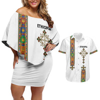 Ethiopia Saba Kemis Couples Matching Off Shoulder Short Dress and Hawaiian Shirt Ethiopian Cross Lion Of Judah