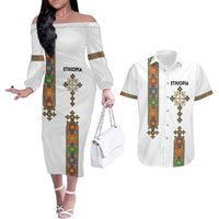 Ethiopia Saba Kemis Couples Matching Off The Shoulder Long Sleeve Dress and Hawaiian Shirt Ethiopian Cross Lion Of Judah