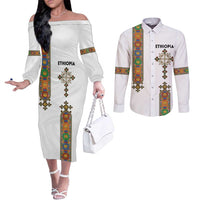 Ethiopia Saba Kemis Couples Matching Off The Shoulder Long Sleeve Dress and Long Sleeve Button Shirt Ethiopian Cross Lion Of Judah