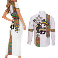 Ethiopia Saba Kemis Couples Matching Short Sleeve Bodycon Dress and Long Sleeve Button Shirt Ethiopian Cross Lion Of Judah