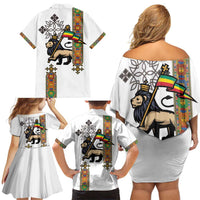 Ethiopia Saba Kemis Family Matching Off Shoulder Short Dress and Hawaiian Shirt Ethiopian Cross Lion Of Judah