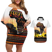 Happy Africa Day Couples Matching Off Shoulder Short Dress and Hawaiian Shirt African Safari With Map
