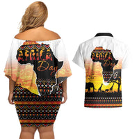 Happy Africa Day Couples Matching Off Shoulder Short Dress and Hawaiian Shirt African Safari With Map
