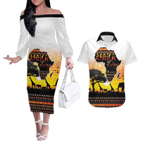Happy Africa Day Couples Matching Off The Shoulder Long Sleeve Dress and Hawaiian Shirt African Safari With Map