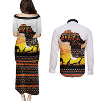 Happy Africa Day Couples Matching Puletasi and Long Sleeve Button Shirt African Safari With Map