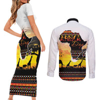 Happy Africa Day Couples Matching Short Sleeve Bodycon Dress and Long Sleeve Button Shirt African Safari With Map