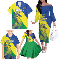 Personalized Sudan 1956-1970 Family Matching Off The Shoulder Long Sleeve Dress and Hawaiian Shirt Secretary Bird Coat Of Arms