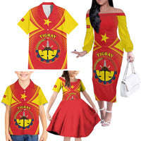 Personalized Ethiopia Tigray Region Family Matching Off The Shoulder Long Sleeve Dress and Hawaiian Shirt Coat Of Arms With Map