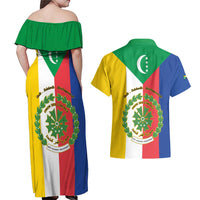 Comoros Couples Matching Off Shoulder Maxi Dress and Hawaiian Shirt Coat Of Arms Flag Style