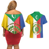 Comoros Couples Matching Off Shoulder Short Dress and Hawaiian Shirt Coat Of Arms Flag Style