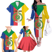 Comoros Family Matching Off The Shoulder Long Sleeve Dress and Hawaiian Shirt Coat Of Arms Flag Style