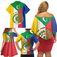 Comoros Family Matching Off Shoulder Short Dress and Hawaiian Shirt Coat Of Arms Flag Style