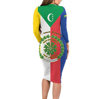 Comoros Long Sleeve Bodycon Dress Coat Of Arms Flag Style