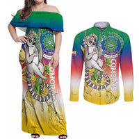 Comoros Mongoose Lemur Couples Matching Off Shoulder Maxi Dress and Long Sleeve Button Shirt Coat Of Arms With Ylang Ylang