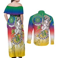 Comoros Mongoose Lemur Couples Matching Off Shoulder Maxi Dress and Long Sleeve Button Shirt Coat Of Arms With Ylang Ylang