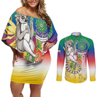 Comoros Mongoose Lemur Couples Matching Off Shoulder Short Dress and Long Sleeve Button Shirt Coat Of Arms With Ylang Ylang