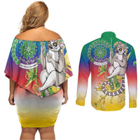 Comoros Mongoose Lemur Couples Matching Off Shoulder Short Dress and Long Sleeve Button Shirt Coat Of Arms With Ylang Ylang