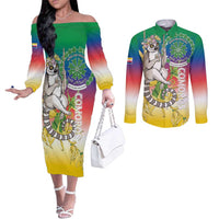 Comoros Mongoose Lemur Couples Matching Off The Shoulder Long Sleeve Dress and Long Sleeve Button Shirt Coat Of Arms With Ylang Ylang