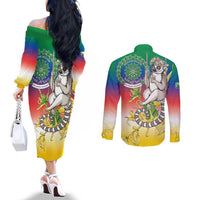 Comoros Mongoose Lemur Couples Matching Off The Shoulder Long Sleeve Dress and Long Sleeve Button Shirt Coat Of Arms With Ylang Ylang