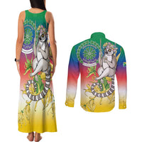 Comoros Mongoose Lemur Couples Matching Tank Maxi Dress and Long Sleeve Button Shirt Coat Of Arms With Ylang Ylang