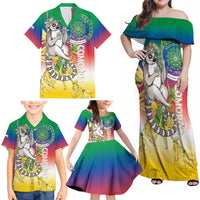 Comoros Mongoose Lemur Family Matching Off Shoulder Maxi Dress and Hawaiian Shirt Coat Of Arms With Ylang Ylang