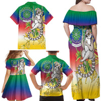 Comoros Mongoose Lemur Family Matching Off Shoulder Maxi Dress and Hawaiian Shirt Coat Of Arms With Ylang Ylang