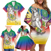 Comoros Mongoose Lemur Family Matching Off Shoulder Short Dress and Hawaiian Shirt Coat Of Arms With Ylang Ylang