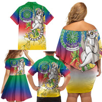 Comoros Mongoose Lemur Family Matching Off Shoulder Short Dress and Hawaiian Shirt Coat Of Arms With Ylang Ylang