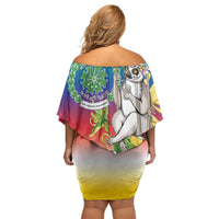 Comoros Mongoose Lemur Family Matching Off Shoulder Short Dress and Hawaiian Shirt Coat Of Arms With Ylang Ylang