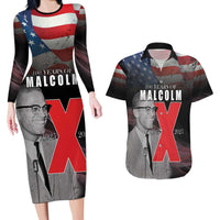 African American El Hajj Malik El Shabazz Couples Matching Long Sleeve Bodycon Dress and Hawaiian Shirt 100 Years of Malcolm X