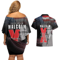 African American El Hajj Malik El Shabazz Couples Matching Off Shoulder Short Dress and Hawaiian Shirt 100 Years of Malcolm X