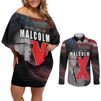 African American El Hajj Malik El Shabazz Couples Matching Off Shoulder Short Dress and Long Sleeve Button Shirt 100 Years of Malcolm X