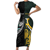 New Zealand and South Africa Rugby Custom Family Matching Short Sleeve Bodycon Dress and Hawaiian Shirt Silver Fern With Springboks
