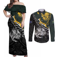 New Zealand and South Africa Rugby Personalised Couples Matching Off Shoulder Maxi Dress and Long Sleeve Button Shirt Maori Kiwi With Springboks