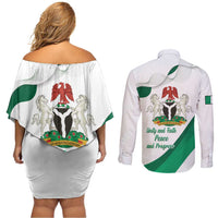 Personalized Nigeria Independence Day Couples Matching Off Shoulder Short Dress and Long Sleeve Button Shirt Unity and Faith Peace and Progress - Wonder Print Shop