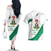 Personalized Nigeria Independence Day Couples Matching Off The Shoulder Long Sleeve Dress and Hawaiian Shirt Unity and Faith Peace and Progress - Wonder Print Shop