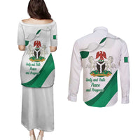 Personalized Nigeria Independence Day Couples Matching Puletasi and Long Sleeve Button Shirt Unity and Faith Peace and Progress - Wonder Print Shop
