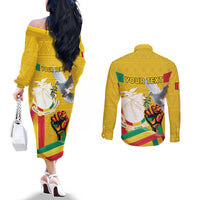 Personalized Guinea Independence Day Couples Matching Off The Shoulder Long Sleeve Dress and Long Sleeve Button Shirt Coat Of Arms With African Pattern - Wonder Print Shop