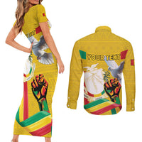 Personalized Guinea Independence Day Couples Matching Short Sleeve Bodycon Dress and Long Sleeve Button Shirt Coat Of Arms With African Pattern - Wonder Print Shop