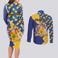 Personalised Barbados Independence Day Couples Matching Long Sleeve Bodycon Dress and Long Sleeve Button Shirt Flying Fish Flag Pattern - Wonder Print Shop