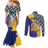 Personalised Barbados Independence Day Couples Matching Mermaid Dress and Long Sleeve Button Shirt Flying Fish Flag Pattern