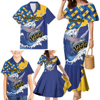 Personalised Barbados Independence Day Family Matching Mermaid Dress and Hawaiian Shirt Flying Fish Flag Pattern - Wonder Print Shop