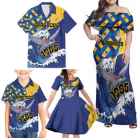 Personalised Barbados Independence Day Family Matching Off Shoulder Maxi Dress and Hawaiian Shirt Flying Fish Flag Pattern - Wonder Print Shop