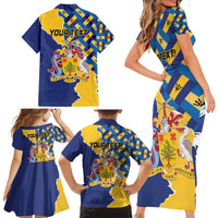 Personalised Barbados Independence Day Family Matching Short Sleeve Bodycon Dress and Hawaiian Shirt Flying Fish Flag Pattern - Wonder Print Shop