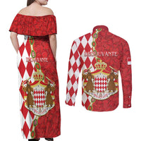 Monaco National Day Couples Matching Off Shoulder Maxi Dress and Long Sleeve Button Shirt Coat Of Arms Mix Red Carnation Pattern - Wonder Print Shop