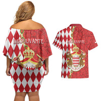 Monaco National Day Couples Matching Off Shoulder Short Dress and Hawaiian Shirt Coat Of Arms Mix Red Carnation Pattern - Wonder Print Shop