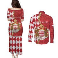 Monaco National Day Couples Matching Puletasi and Long Sleeve Button Shirt Coat Of Arms Mix Red Carnation Pattern - Wonder Print Shop